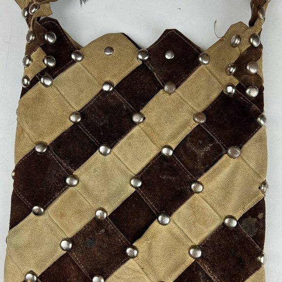 Vintage Tan Shoulder Bag Leather Boho Gypsy Festival Fringe Studded Handbag - Picture 10 of 12